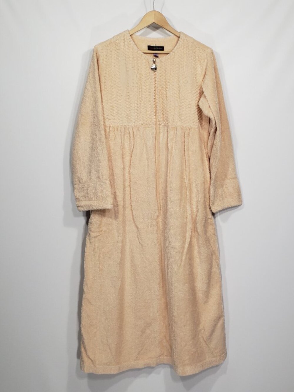 Vintage Stan Herman Peach Beige Chenille Zip Front Robe Pockets Medium
